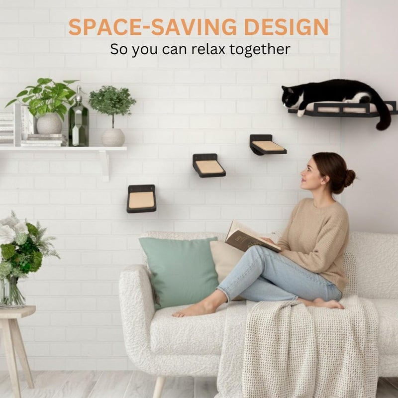 INICIO Cat Wall Shelves - Modern and Durable 3 Step Cat Furniture for Wall - Stylish Birch Floating Shelf for Cats up to 15lbs - Wooden Corner Shelves with Cushioned Perch - Black - Image 3
